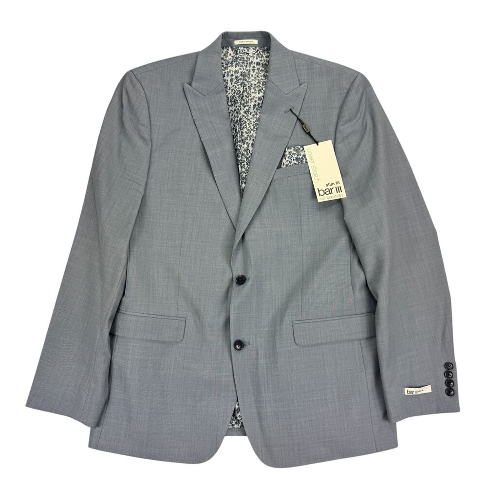 Bar III Mens Slim Fit Wool Sharkskin Power Stretch Suit Jacket Blue 42L